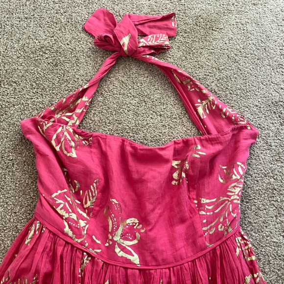 Free People Long Baja Babe Cut Out Hot Pink Gold Floral Flowy Midi Dress Medium - Picture 6 of 12